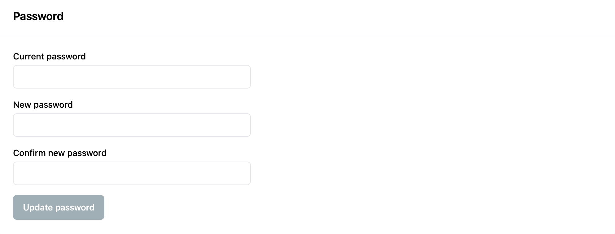 Password update form with fields for current, new, and confirm new password.